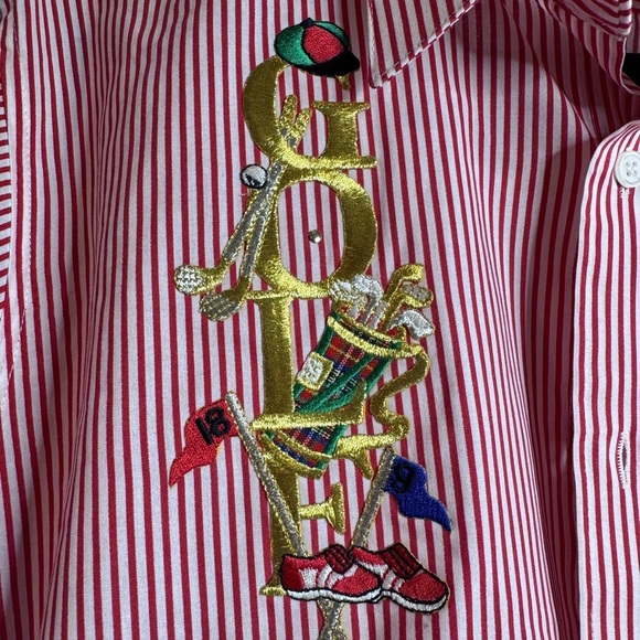 🆕Marquis Red White Stripe Vintage Mens Golf Oxford Button Down Collared Shirt - Picture 3 of 10